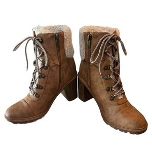 👢 NINE WEST Women’s Size 10 Cognac Faux Suede Shearling Fur Lined Ankle Boots